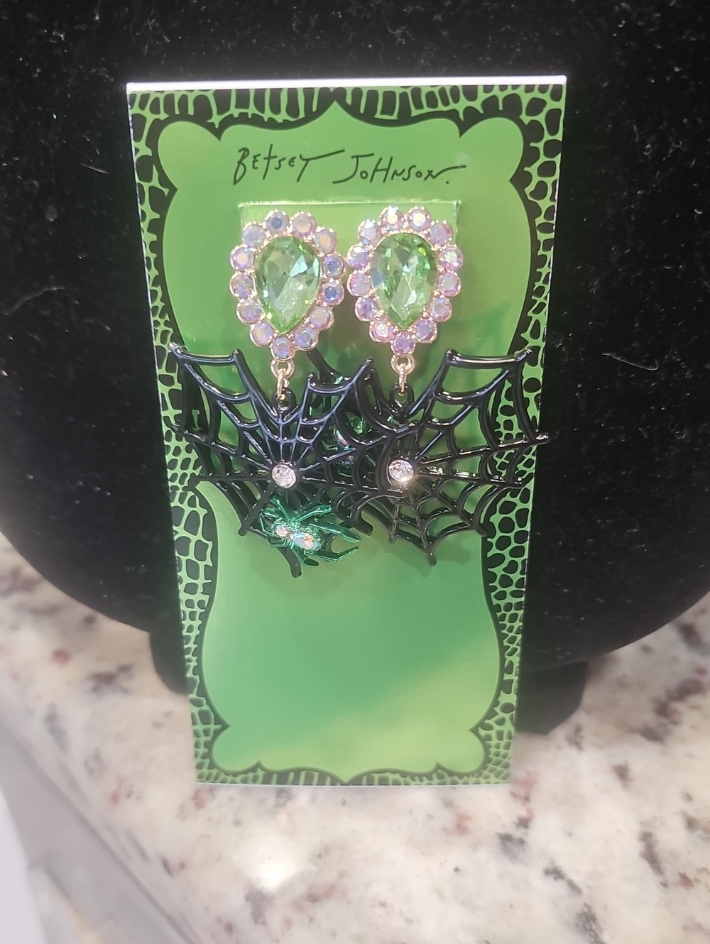 Betsey Johnson Green Teardrop Earrings with Black Spiderweb Drops